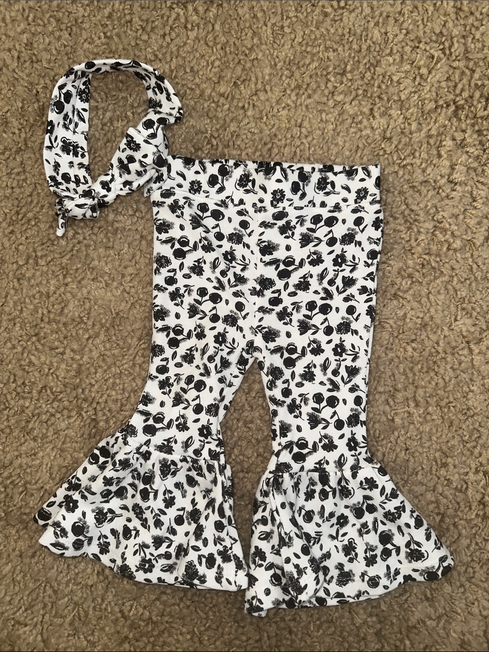 NWOT Baby Essentials Cherry Flared Pants and Headband Black & White (9 Months)